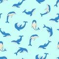 Seamless Pattern Set of cartoon dolphins in different poses, vector illustration of marine animals. Painted dolphins swim Royalty Free Stock Photo