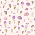 Seamless pattern set, cartoon hand-drawn sweets donuts and ice cream, delicate pastel pink beige lilac colors. patterns for Royalty Free Stock Photo