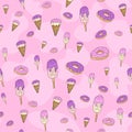 Seamless pattern set, cartoon hand-drawn sweets donuts and ice cream, delicate pastel pink beige lilac colors. patterns for Royalty Free Stock Photo