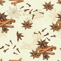 Seamless pattern with a set of cinnamon sticks, anise and cloves on a beige background. Seamless vector illustration for