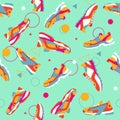 Seamless pattern. Set of colorful bright yellow pink blue orange sneakers, triangles and circles. Vector flat illustration. Simple Royalty Free Stock Photo