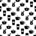 Seamless pattern with set cups. Black flat icon cup hot drink on white background. Icon coffee, tea Royalty Free Stock Photo