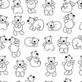 Seamless pattern with set of cute bears, coloring page