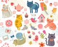 Seamless pattern. A set of cute cats and birds Royalty Free Stock Photo