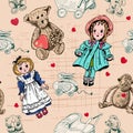 Seamless pattern, set of cute funny vintage monkey toys, teddy bears, dolls. Antique toys of the last century for kids