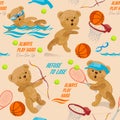 Seamless pattern, set of cute funny vintage teddy bears. Characters go in for sports. Antique toys of the last century