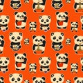 Seamless pattern with set of Cute pandas eating dim sum doodle.