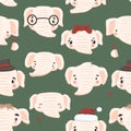 Seamless pattern a set of cute white cartoon elephants on green background. Some elephants decorated with bows hats Royalty Free Stock Photo