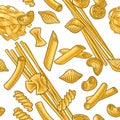 Farfalle, conchiglie, maccheroni, fusilli, penne, pipe. Vector vintage engraving illustration isolated