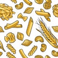 Farfalle, conchiglie, maccheroni, fusilli, penne, pipe. Vector vintage engraving illustration isolated Royalty Free Stock Photo