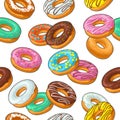 Seamless pattern set donut with different icing, glaze, stripes, sprinkles.