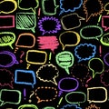 Seamless pattern with set of doodle sketch speech bubbles on blackboard hand-drawn with color chalks.