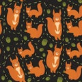 Seamless pattern Set of funny red squirrels with fluffy tail with acorn on black background. Vector Royalty Free Stock Photo