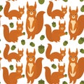 Seamless pattern Set of funny red squirrels with fluffy tail with acorn isolated on white background. Vector Royalty Free Stock Photo