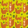 Seamless pattern Set of funny red squirrels with Gopher ground squirrel fluffy tail with acorn on green background. Vector Royalty Free Stock Photo