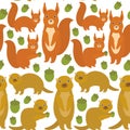 Seamless pattern Set of funny red squirrels with Gopher ground squirrel fluffy tail with acorn isolated on white background. Royalty Free Stock Photo