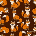 seamless pattern, set of hand-drawn funny orange foxes in various positions, for baby textiles