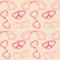 Seamless Pattern with Set of Heart shaped handcuffs silhouette icon.