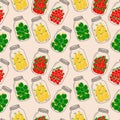 Seamless pattern with set of jars with Fruit. Compote.