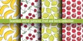 Seamless pattern set. Juicy fruit and berry collection. Banana, cherry, lemon, garnet. Hand drawn color vector sketch background. Royalty Free Stock Photo