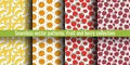 Seamless pattern set. Juicy fruit and berry collection. Banana, raspberry, orange, strawberry, tangerine. Hand drawn color vector Royalty Free Stock Photo