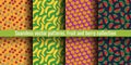 Seamless pattern set. Juicy fruit and berry collection. Cherry, banana, orange, watermelon, tangerine. Hand drawn color vector