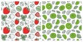 Seamless pattern set. Juicy fruit and berry collection. Strawberry, kiwi. Hand drawn color vector sketch background. Colorful