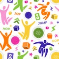 Seamless pattern. Set: jumping people, trampoline, speaker, foam cubes, lightning. Trampoline park concept. EPS 10 Royalty Free Stock Photo