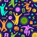 Seamless pattern. Set: jumping people, trampoline, speaker, foam cubes, lightning. Trampoline park concept. Vector EPS10 Royalty Free Stock Photo