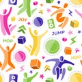 Seamless pattern. Set: jumping people, trampoline, speaker, foam cubes, lightning. Trampoline park concept. Vector EPS10