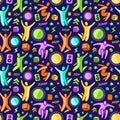 Seamless pattern. Set: jumping people, trampoline, speaker, foam cubes, lightning. Trampoline park concept. Vector EPS10 Royalty Free Stock Photo