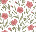 Seamless fabric pattern isolated flowers Vintage background Linum Flax Wallpaper Drawing engraving Vector Illustration victorian Royalty Free Stock Photo