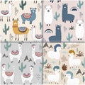 Seamless pattern set with llama and cactus. vector illustration for fabric, textile,wallpaper