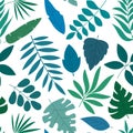Seamless pattern set of a lot of different blue and green tropical exotic leaves, plants and fruits on white background.