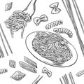 Seamless pattern set pasta. Farfalle, conchiglie, penne, fusilli and spaghetti on fork.