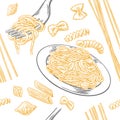 Seamless pattern set pasta. Farfalle, conchiglie, penne, fusilli and spaghetti on fork. Royalty Free Stock Photo