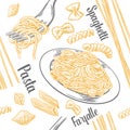 Seamless pattern set pasta with title. Farfalle, conchiglie, penne, fusilli and spaghetti on fork. Royalty Free Stock Photo