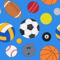 Seamless pattern with set of sport balls. Hand drawn colored vector sketch. Blue background. Pattern included Royalty Free Stock Photo