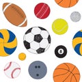 Seamless pattern with set of sport balls. Hand drawn colored vector sketch. White background. Pattern included Royalty Free Stock Photo