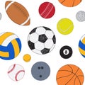 Seamless pattern with set of sport balls. Hand drawn colored vector sketch. White background. Pattern included Royalty Free Stock Photo