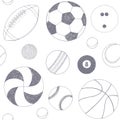 Seamless pattern with set of sport balls. Hand drawn vector sketch. Gray sport items on white background. Pattern Royalty Free Stock Photo