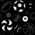 Seamless pattern with set of sport balls. Hand drawn vector sketch. White sport items on black background. Pattern Royalty Free Stock Photo