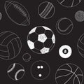 Seamless pattern with set of sport balls. Hand drawn vector sketch. White sport items on black background. Pattern Royalty Free Stock Photo
