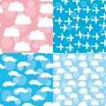 Seamless pattern set sunset, sunrise, sky, clouds white silhouette of plane and car. Pink blue background. vector Royalty Free Stock Photo