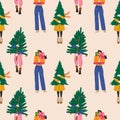 Seamless pattern with Set of three Girls that are carry christmas tree