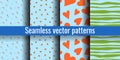 Seamless pattern set. Trendy blue print collection. Poppy, watermelon, heart, stripes. Design elements for textiles or clothes.