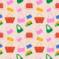 Seamless pattern with Set of various colorful female bags.