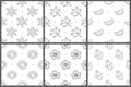 Seamless pattern set. White and black vector background. Snowflake, leaf, flower, watermelon; fruit; berry; strawberry; sun Royalty Free Stock Photo