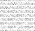 Seamless pattern set of winter warm clothes. Mittens, socks, hat, gaiters, shoes. Black and white, monochrome decor line. Scrawl.