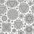 Seamless pattern with seven chakras. Oriental ornaments for henna tattoo and for your design. Buddhism decorative elements. Vector Royalty Free Stock Photo